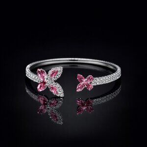 Pink Butterfly Cuff Bracelet Cubic Zirconia Bling 2-Row Stones